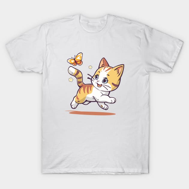 Kitten plays with a butterfly. T-Shirt by art object